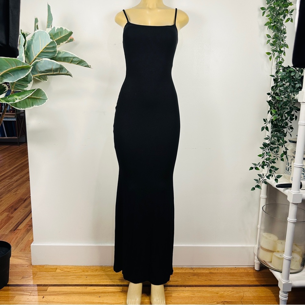 New Skims Soft Lounge Long Slip Dress Sz L Onyx Ribbed Maxi Bodycon